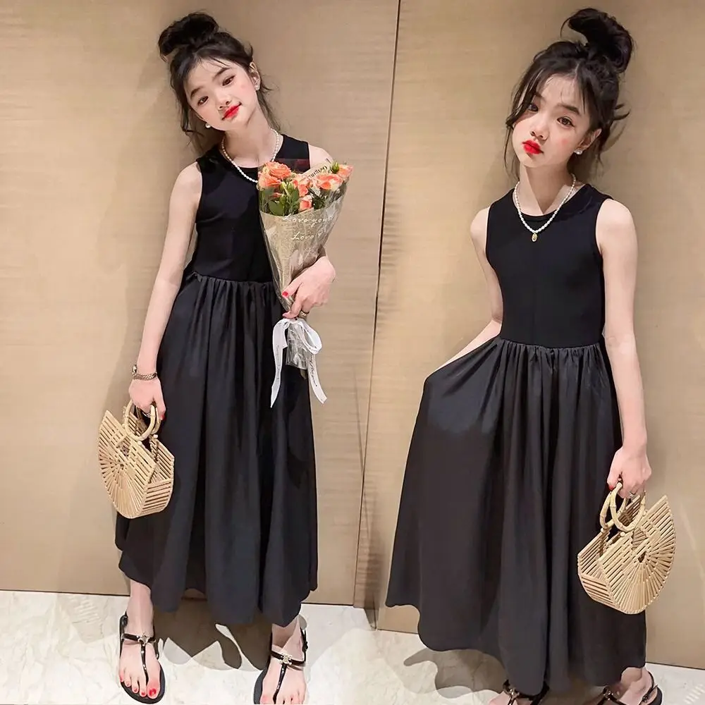 Fashion Sleeveless Girl Princess Dress Loose Sweet Teens Party Dress Elegant Children Black Dress Kids