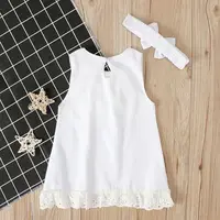Newborn Baby Girl Sweet Solid Color Dress Infant Toddler Bow Lace Hem Sleeveless Dress with Headband Two-Piece Princess Dress 4