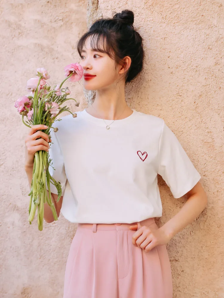 

Летняя модная футболка с графическим принтом в виде сердца с китайской вышивкой, хлопковая Футболка 240 г в Корейском стиле для милой девушки, топ с коротким рукавом