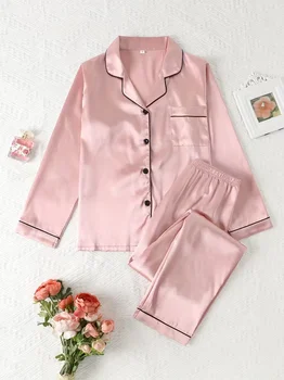Women Autumn Winter Silk Pajamas Set Casual Soft Breathable and Relaxed Fit Long Shirt Tops and Long Pants Sleepwear 1