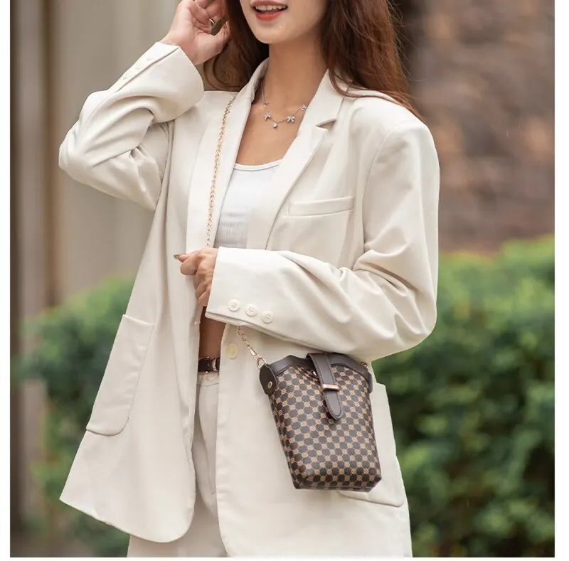 S3bc3f4e6aa5a404cadc509f7d7a485ecl New Fashion Plaid Polka Dot Print Single Shoulder Bag Casual Oblique Chain Crossbody Mini Small Bucket Bag Mallzona