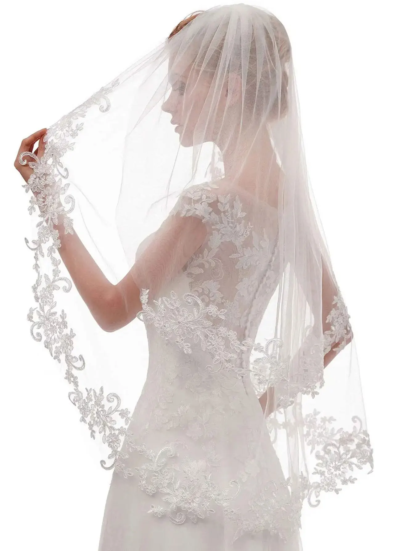 Women's Short 2 Tier 60/80 cm Lace Wedding Bridal Veil With Comb Two Layers Bride Veils bridal veil