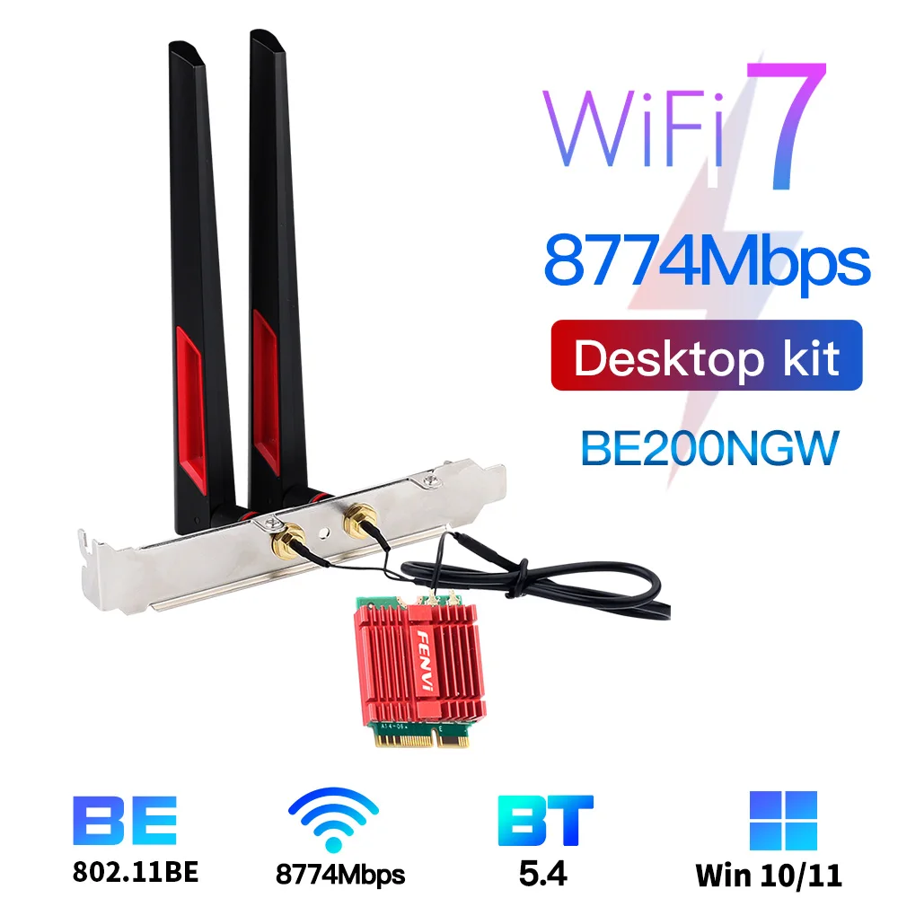 

BE200 WiFi 7 M.2 Network Card Bluetooth 5.4 10Dbi Antenna Desktop 802.11AX Tri Band 2.4G/5Ghz/6Ghz Wireless Adapter For Win10/11