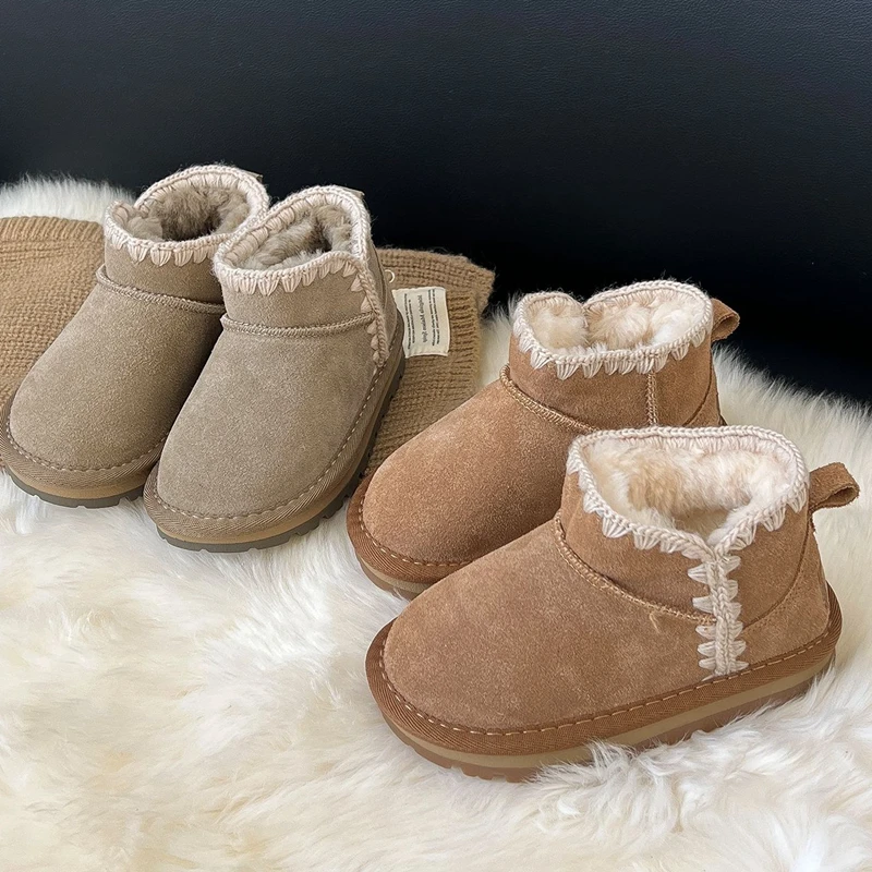 2023 New Genuine Leather Snow Boots For Kids Girls Toddler Princess Solid Suede Retro Simple Winter Ankle Boots For Children