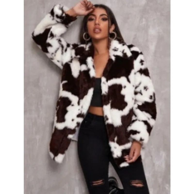 Imitation Fur Jacket for Women's Autumn and Winter Cow Pattern Black and White Women's Jacket Loose Rabbit Fur Jacket