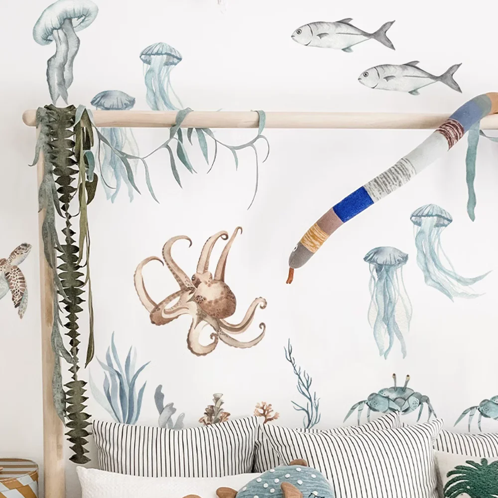 Underwater World Fish Wall Decal Sea Animals Wall Sticker Waterproof Peel&Stick for toilet Boy's Children Kids Room Home Decor wall stickers toilet stickers