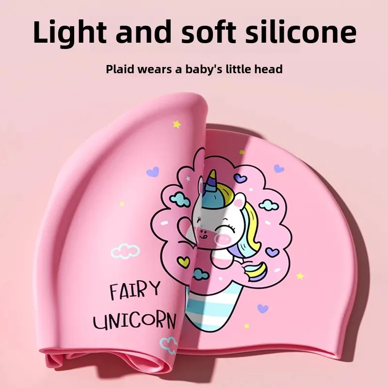Waterproof Silicone Swimming Cap Cute Cartoon Unicorn Design Comfortable No Headache For Children Women's And Baby Students