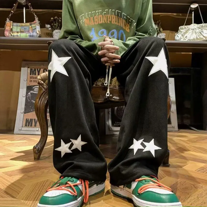 Spring Autumn Printing Wide Leg Trousers Man High Street Casual Loose Pockets Patchwork Drawstring Korean Style Straight Pants