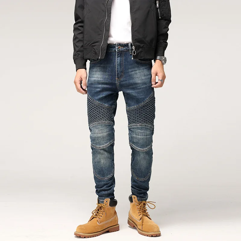Streetwear Fashion Men Jeans Retro Blue Elastic Stretch Slim Fit Spliced Biker Jeans Homme Patched Designer Hip Hop Pants Hombre