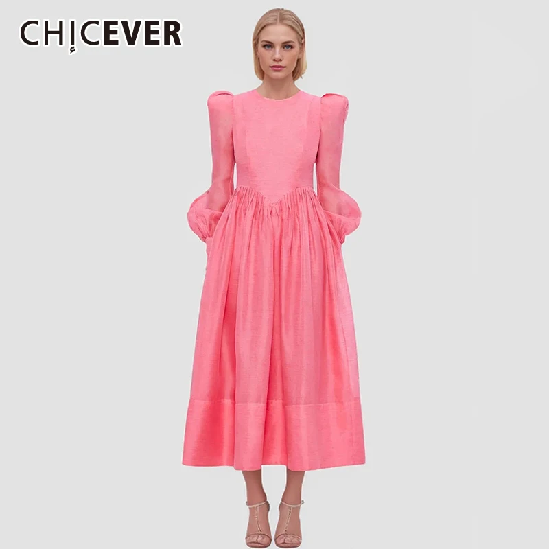 

CHICEVER Solid Long Dresses For Women Round Neck Lantern Sleeve High Waist Spliced Zipper Loose Folds Casual Dress Female Spring