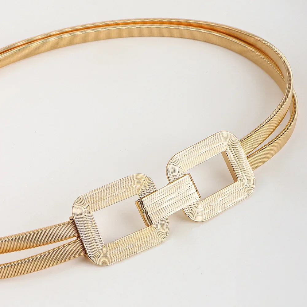 Taillen kette Damen neue Doppels chicht Feder kette geometrische Metalls chnalle vielseitige Mode Dekoration Kleid Gold gürtel – Detail 2