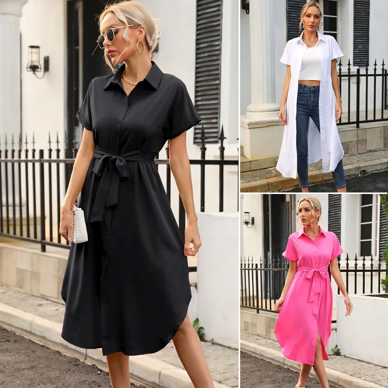 

Summer New Women's Dress Short Sleeved Chiffon Solid Color Synaptic Casual Fashion