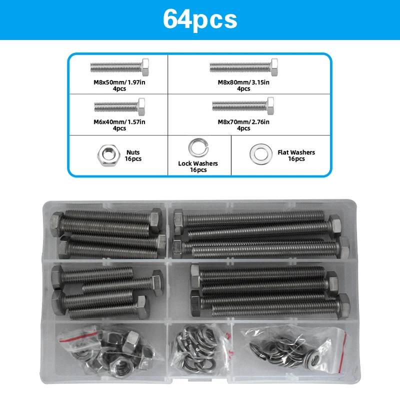 M6 M8 M10 Bolts and Nut Washer 304 Stainless Steel Assortment Kit Hex Head Assorted Metric Screw Flat Spring Lock Spacer Box Set