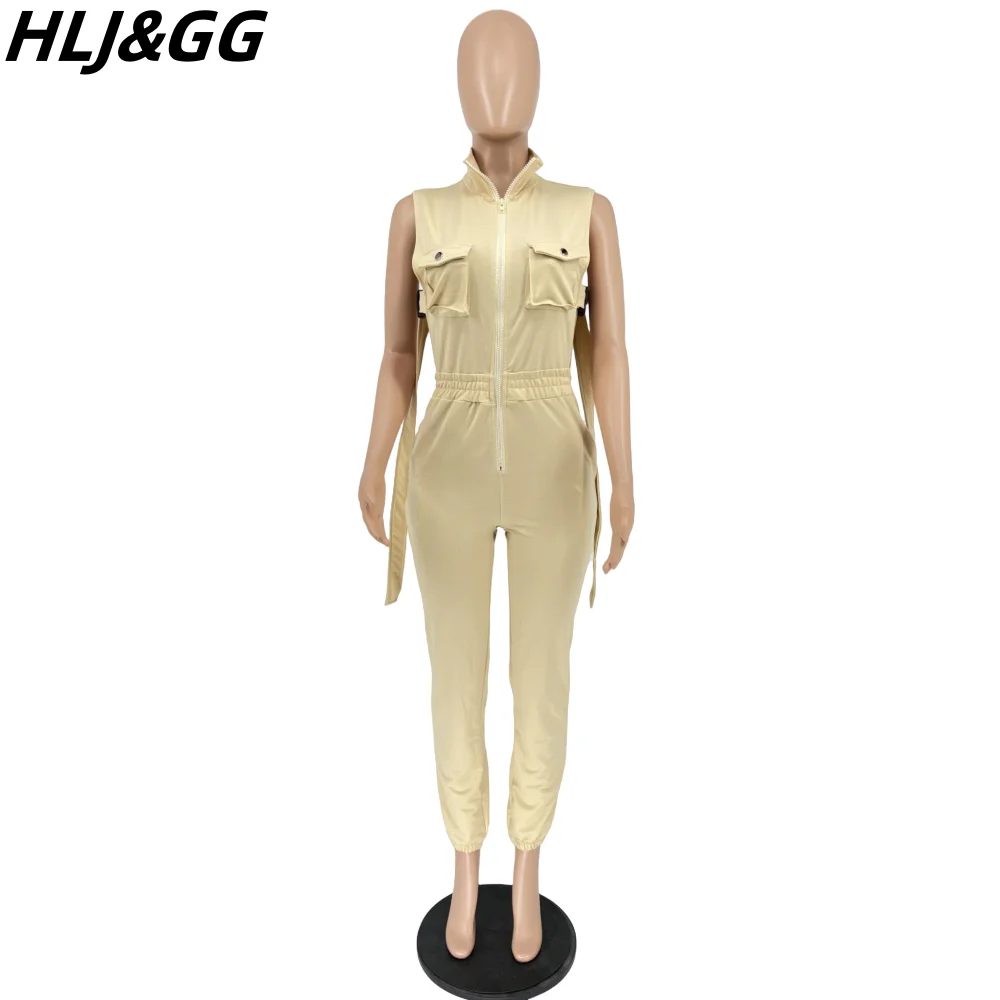 HLJ&GG Spring New Solid Side Hollow Out Jumpsuits Women Turndown Collar Zipper Drawstring Cargo Pants Playsuits Female Overalls