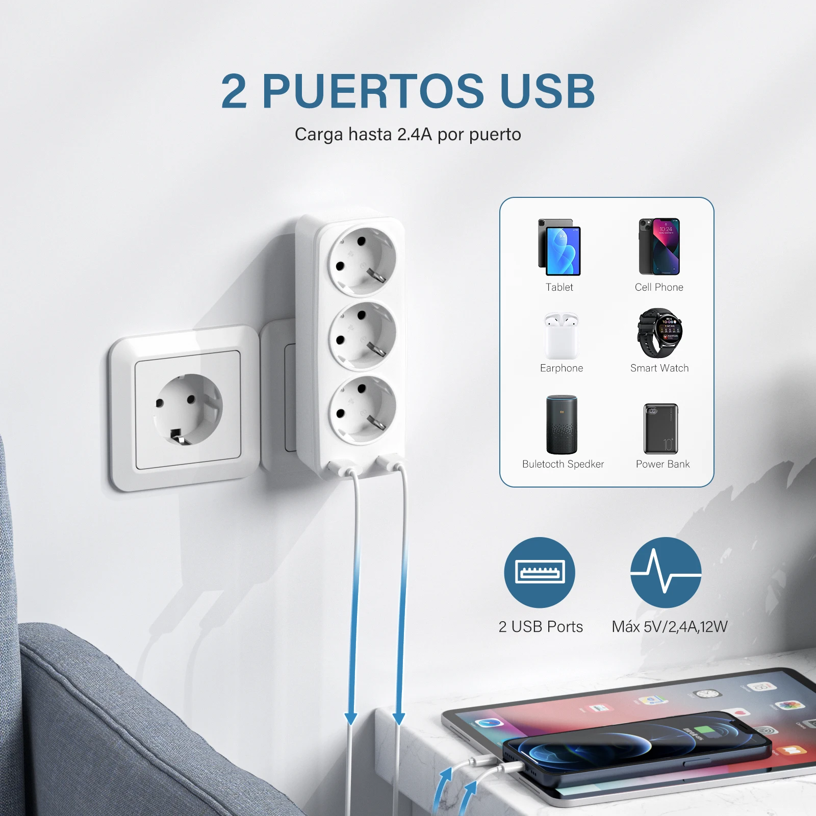 EU Plug 5-in-1 Wall Socket Extender with 3 AC Outlet 2 USB S3bc49692e9a1445d8d8449f3ad3eed8cx