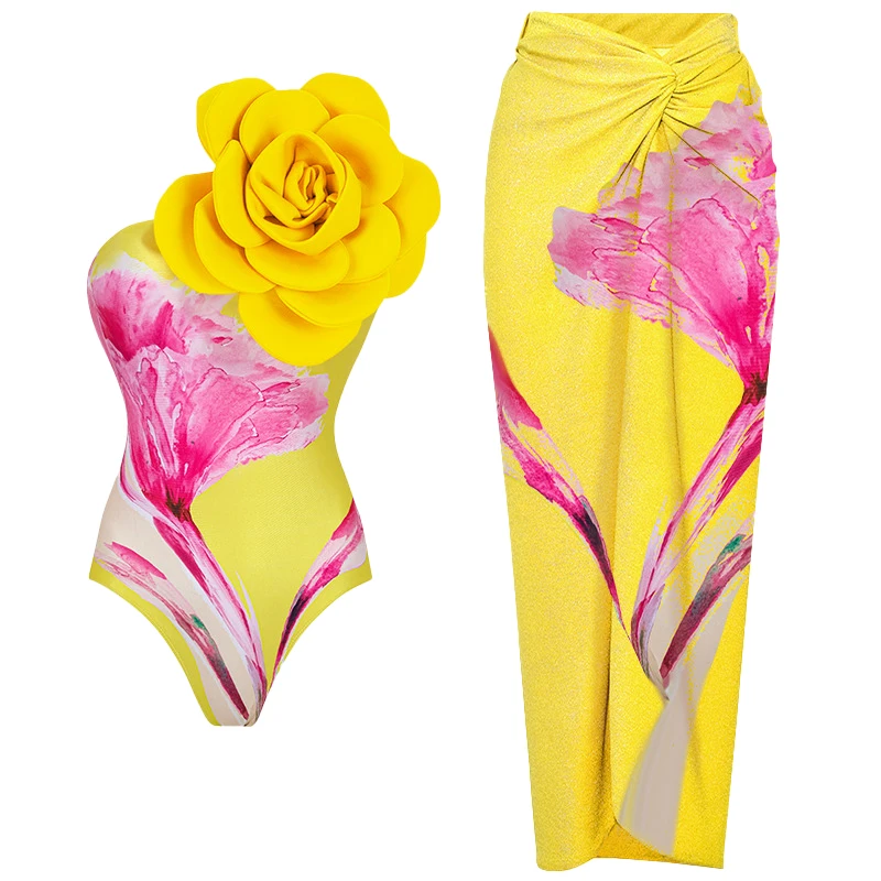 One Piece Swimsuit Women Swimwear 3D Flower Printed One Piece Swimsuit Set Vacation Swimwear bikini Women Beachwear Bathing Suit bodysuit Monokini