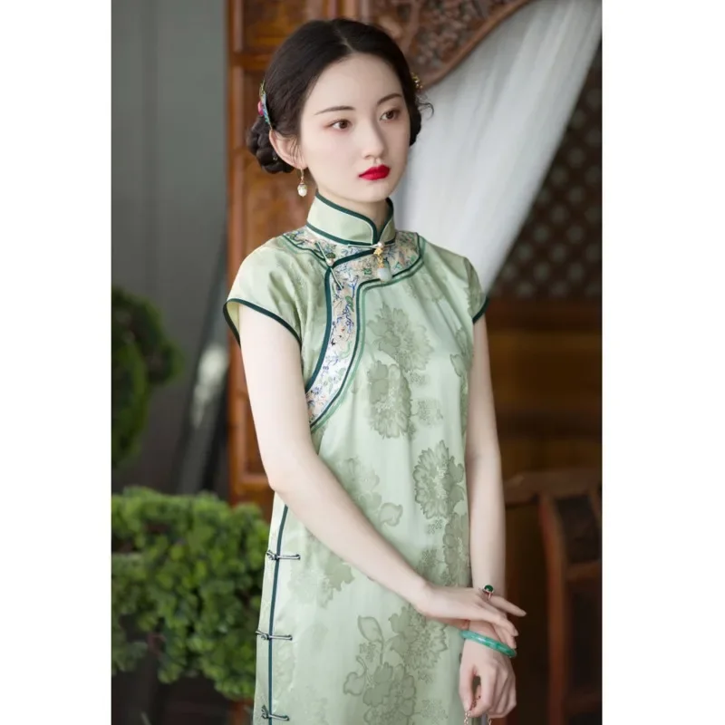 

Simple Elegant Slim Long Qipao Women Print Short Sleeve Cheongsam Ethnic Style Traditional Vintage Chinese Dress 2022 Summer New