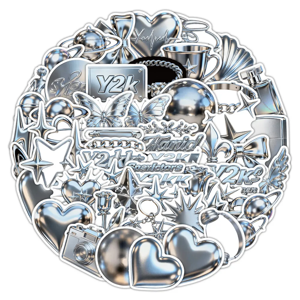 58개 Y2K 트렌디 3D 메탈릭 스티커 - 저널 및 창의적인 DIY 공예 장식을 위한 스타일리시한 데칼 AnimeWorlds Store
