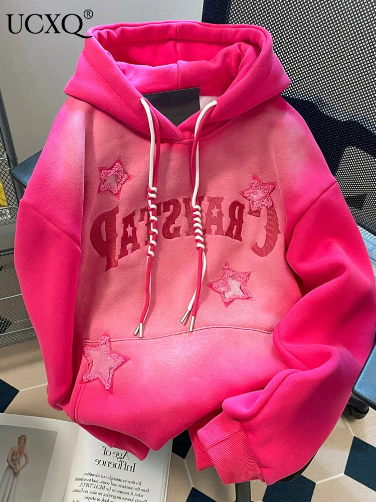 

UCXQ Women's High Street Gradient Embroidered Hoodies For Women Loose Casual Hooded Sweatshirt Top 2024 Spring Autumn 23A7281