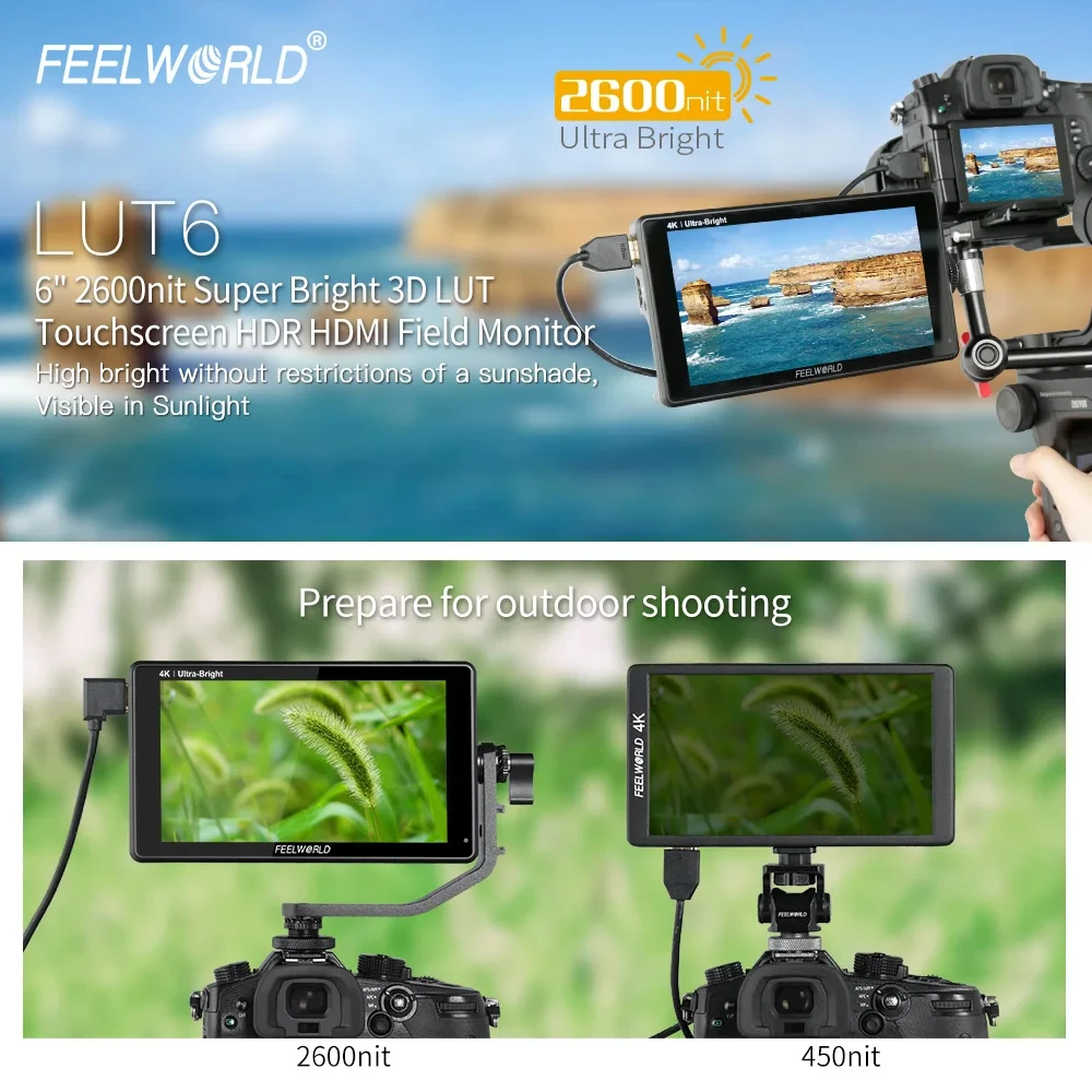 Фото Сенсорный экран FEELWORLD LUT6, 6 дюймов, 2600 нит, накамерный полевой монитор HDR/3D LUT 4K HDMI 1920X108 0 IPS №2