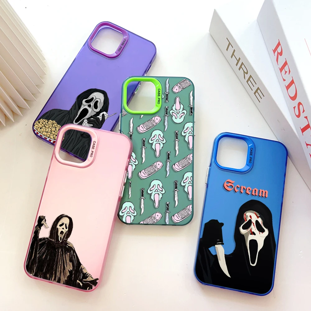 

Ghostface Horror Scream Art Phone Case for IPhone 13 12 11 15 14 Pro Max Plus Lens Creative Border Silver Plated Inside Hard TPU