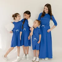 Ap 2025 Spring Summer Cotton navy blue Solid Casual Clothing Boys Girls Fashion Family Matching Clothes Dress Set 1