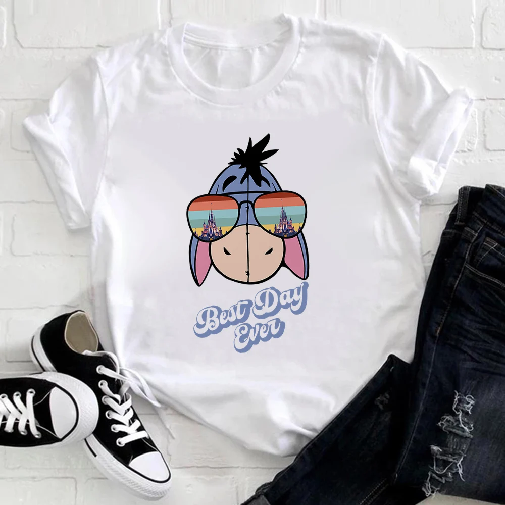 

Eeyore Sunglasses Print Disney White Tees Women Hot Sell Tops Four Seasons Outdoor Style Female Clothes Popular Exquisite O Neck