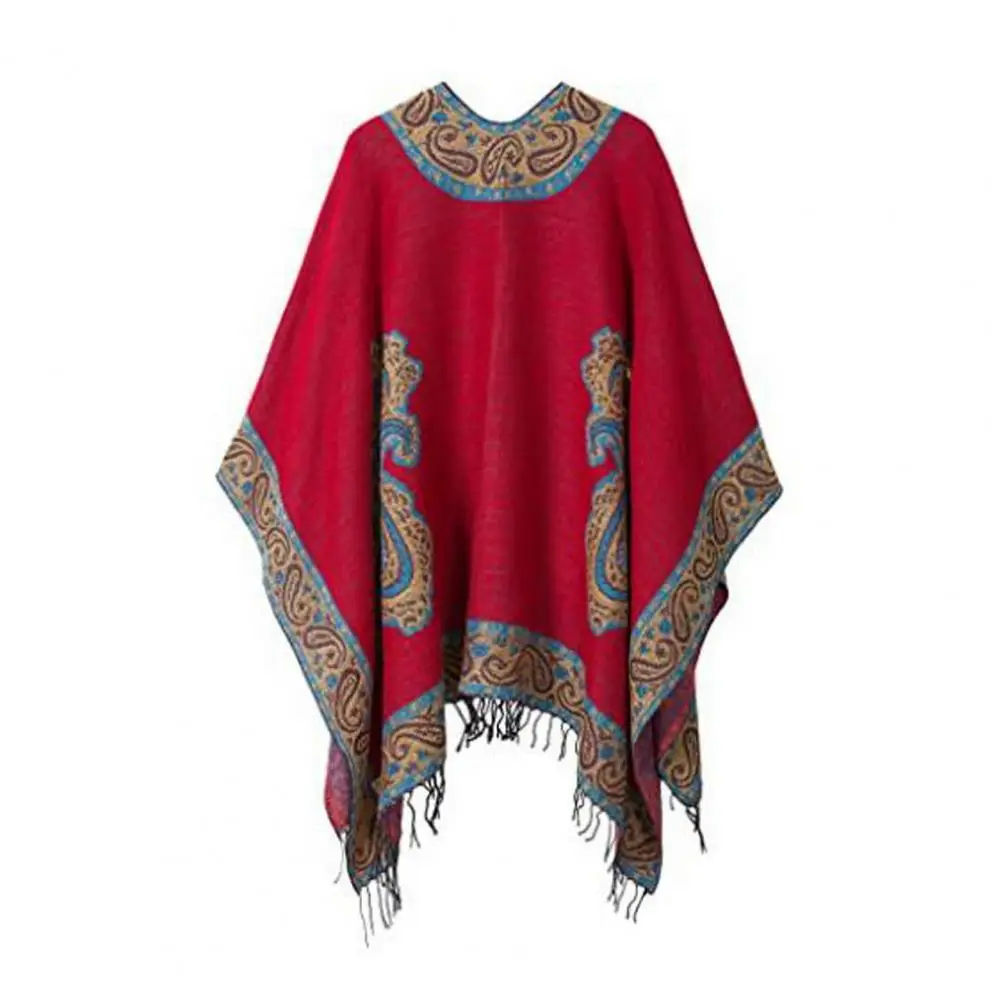 

Women Winter Cape Vintage Print Tassel Irregular Hem Women's Cape Poncho Geometric Contrast Color Imitation Cashmere Fall Winter