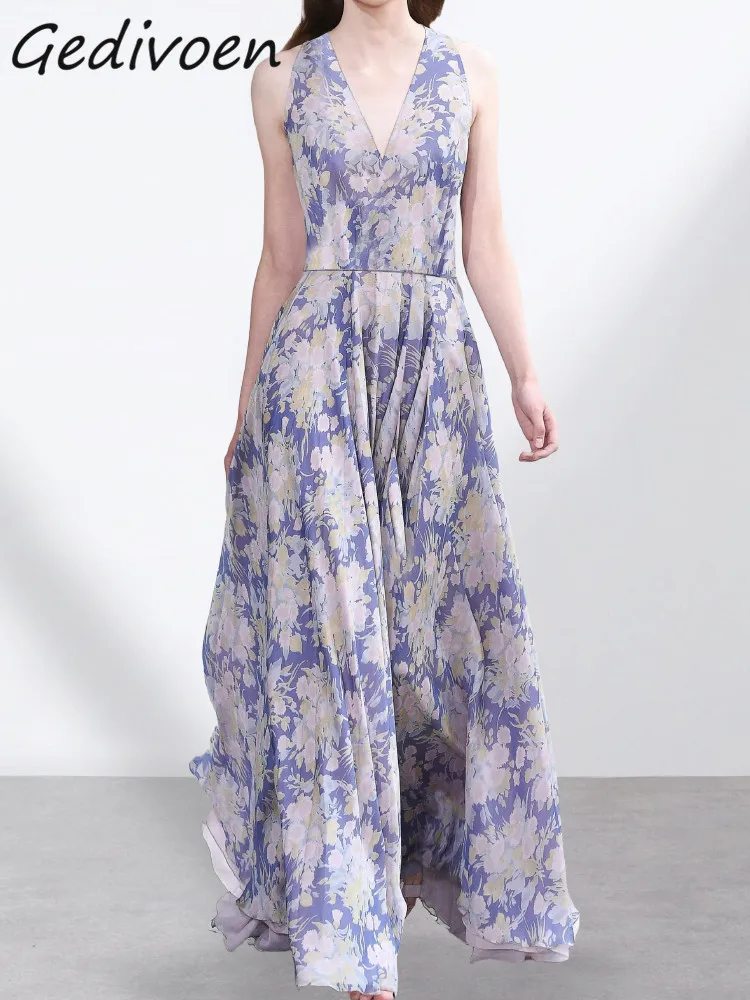 

Gedivoen Fashion Designer Summer Elegant Slim Pleated Dress Women's V-neck High Waist Ruffles Vacation Purple Print Long Dress