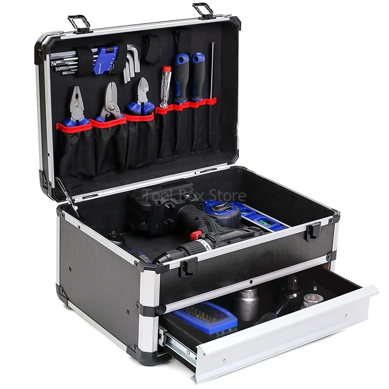 Caixa de ferramentas de alumínio com gaveta, 2 estágios, maleta de ferramentas de metal portátil para eletricista profissional