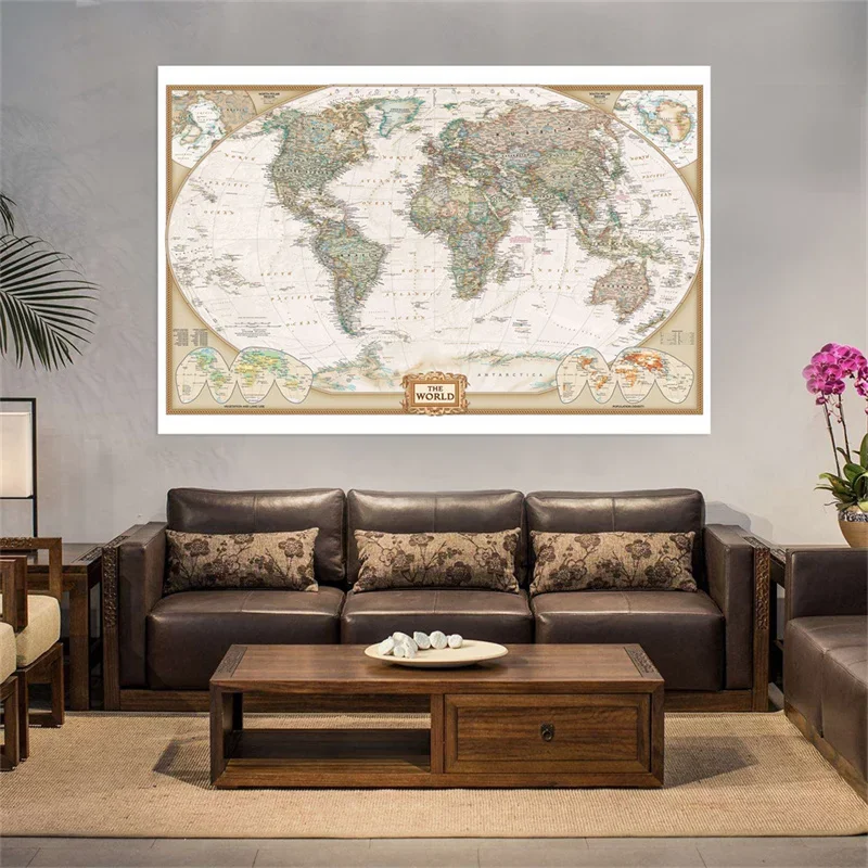 150x100cm Vintage World Map Non-woven Painting Retro Decorative Hanging Picture Wall Art Poster School Supplies Home Decor