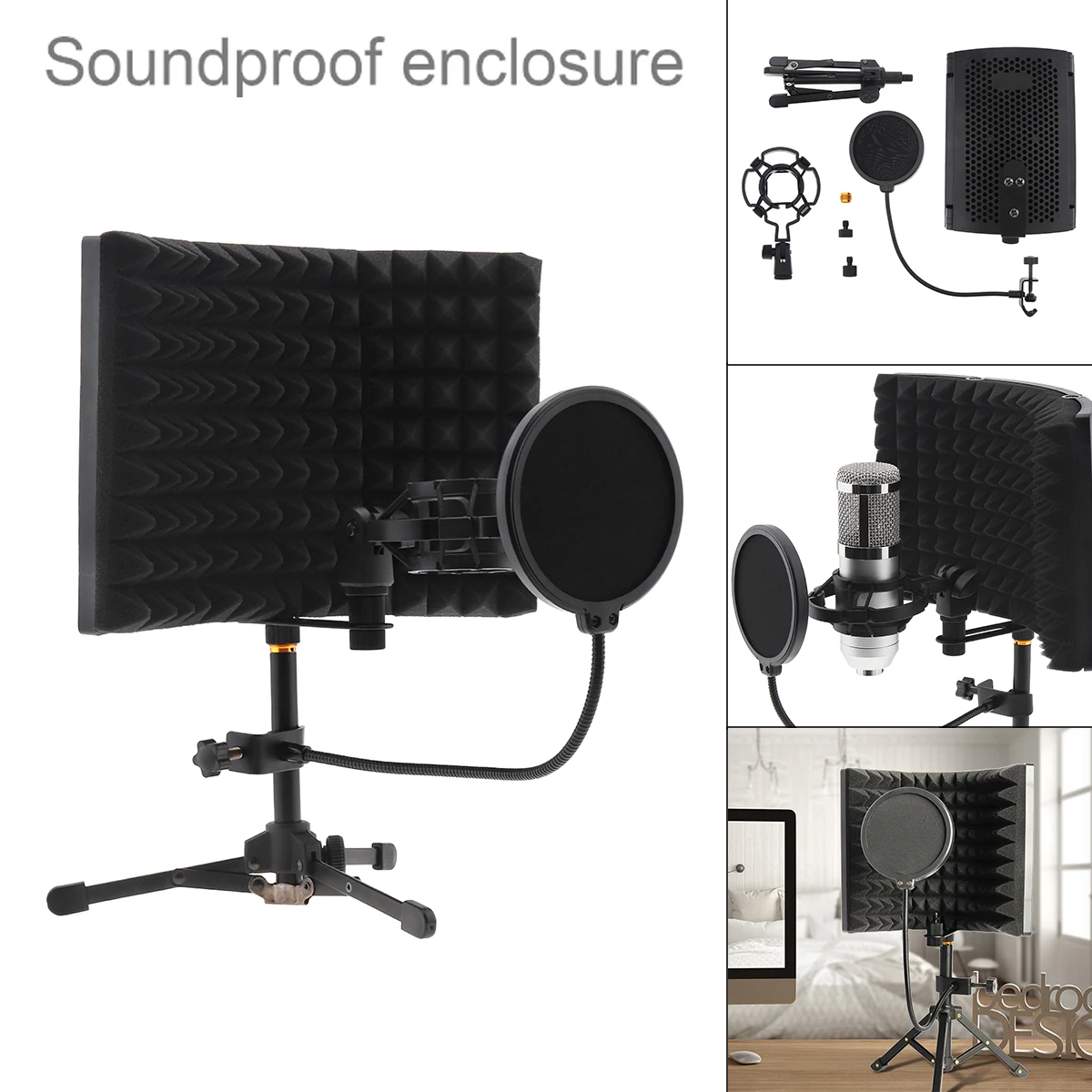 Microphone Isolation  Shield Tripod Pop Filter Shockproof Frame Set Curved Surface Wind Screen Foldable 3/8 to 5/8 Inch Screw