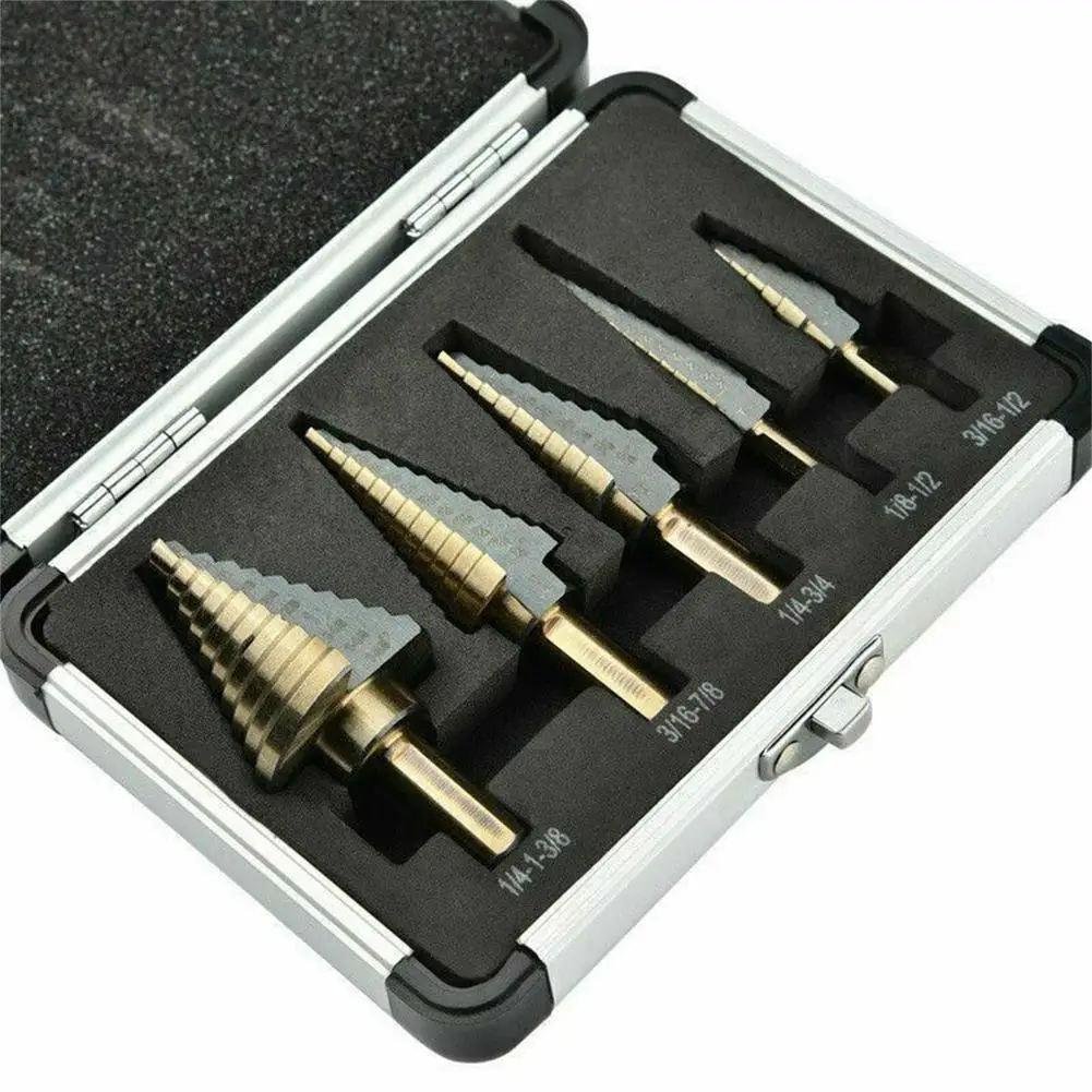 

5pcs Step Drill Bit Set With Aluminum Case Hss Cobalt Multiple Hole Cut Long Life High Speed Steel Cutter Core Drill Bit Kit