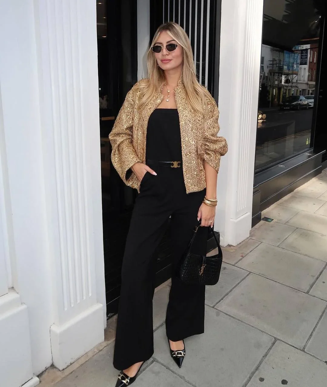 S3bc52fe241e544108a2e591e3d0fbccfC Women's Sequined Bomber Jacket Fall New Round Neck Long Sleeve Pocket Stretch Hem Sequins Jacket Coat Female Chic Outerwear Mallzona