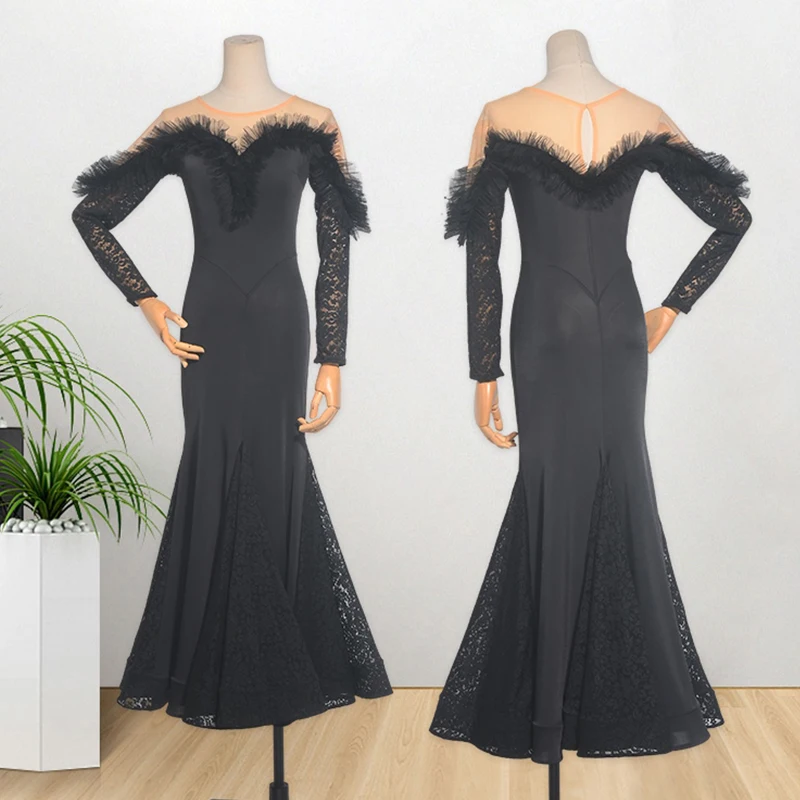 

Женское платье для бальных танцев, кружевная юбка с длинными рукавами и оборками для тренировок по общему танцу, VBH244