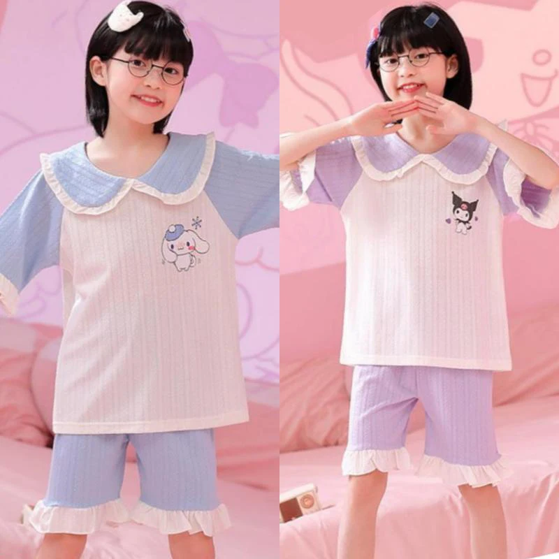 

Sanrios Kuromi Cinnamoroll Kids Pajamas Set Short-Sleeved Jacquard Doll Loungewear Collar Cotton Cartoon Loose Homewear Suit New