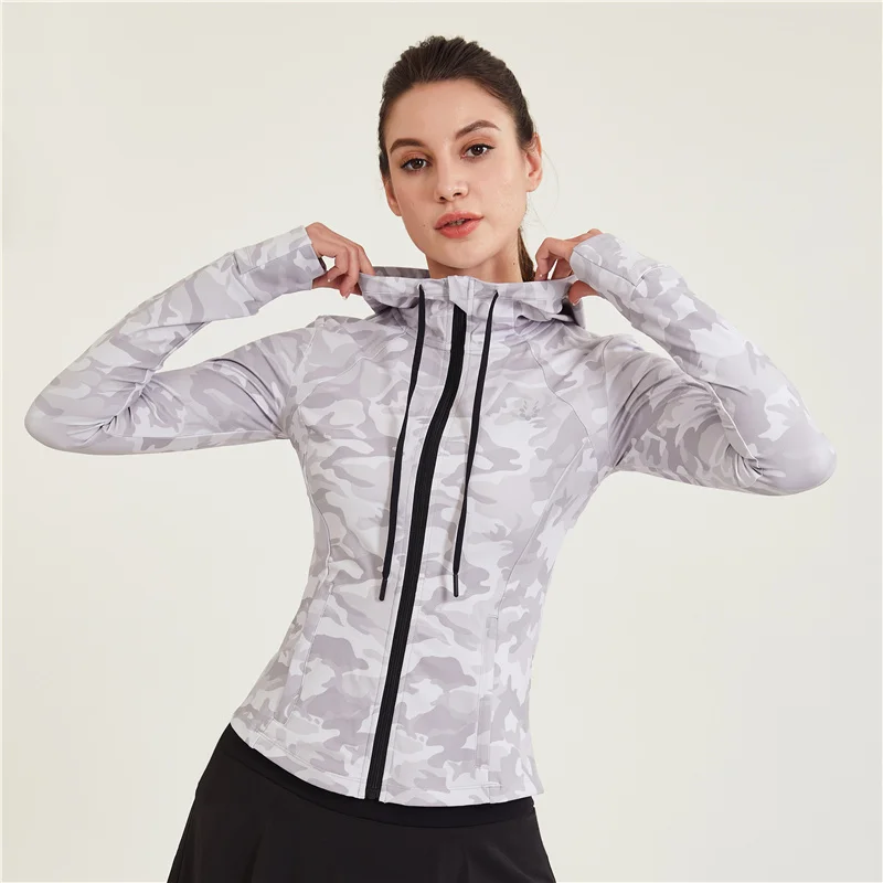 Outdoor Camouflage Sports Hoodies Womens Running Jacket Zipper Cycling Training Tie Dye Coat Sun Protection Cold-proof Windproof