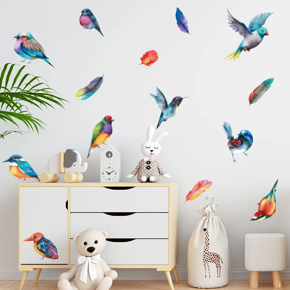 Colorful Birds Feather Removable Wall Stickers for Home Decor Art Self-adhesive Window Tile Cupboard Decals PVC Mural DIY Poster