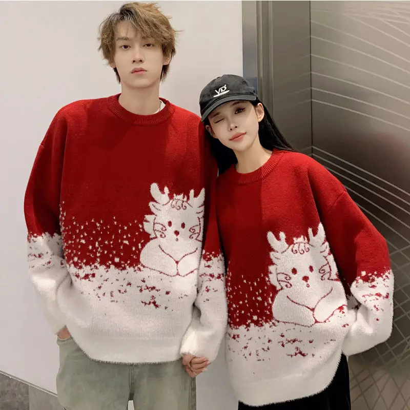 

Red Dragon New Year Celebration Sweater for Men and Women Autumn/Winter Loose Vintage Couple Knitwear Fun Pullovers High Street