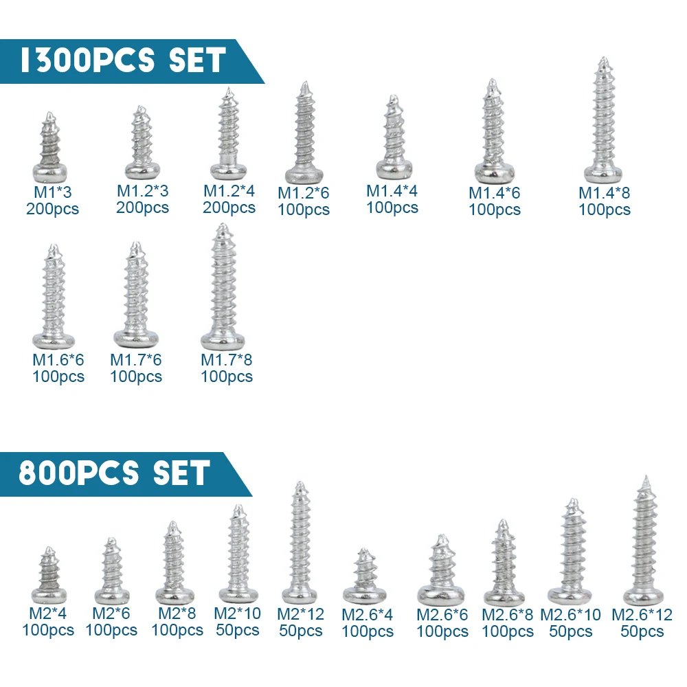 190/450/800/1300pcs Phillips Round Head Self-tapping screw Set M1-M4 Nickel Plated Cross Pan Head Tapping Wood Screw