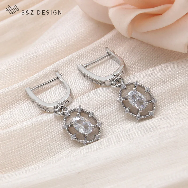 S&Z DESIGN New Fashion 585 Rose Gold Color Egg Shape Cubic Zirconia Dangle Earrings For Women Trendy Simple Jewelry Gift