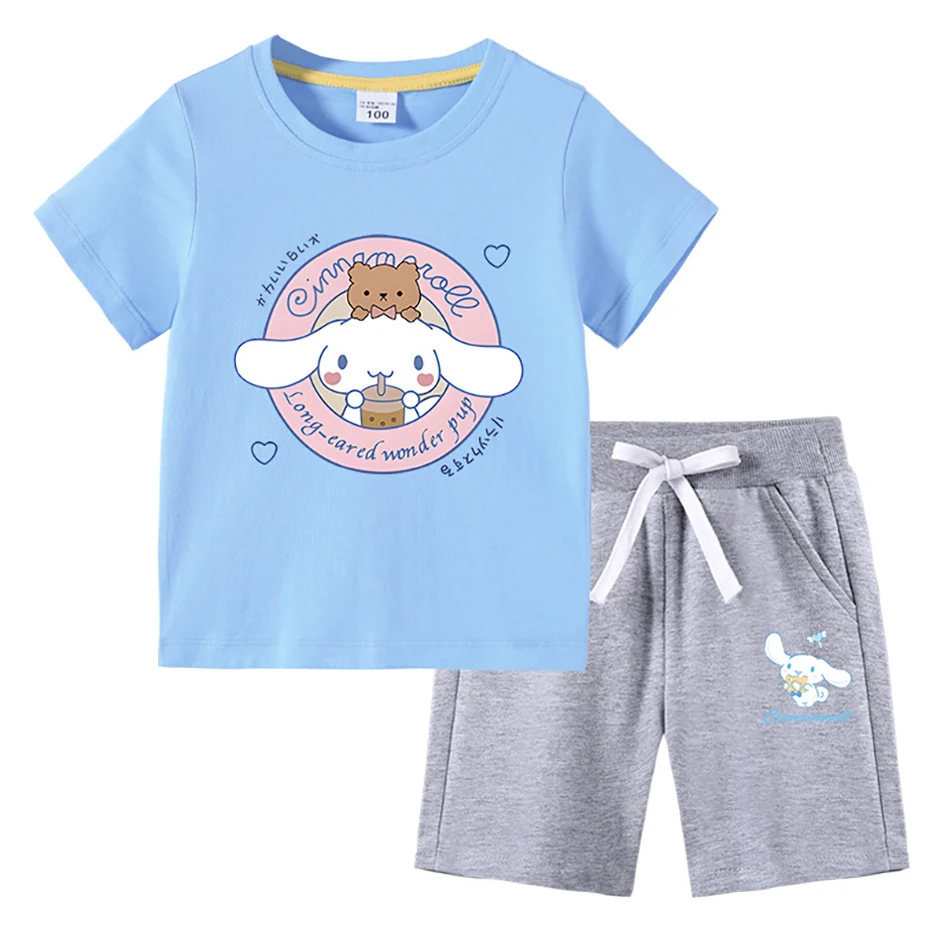 

New Cinnamoroll Short Sleeved Suit Kawaii Sanrio Children Cartoon Anime Summer Cotton T-Shirt Shorts Cute Crew Neck Gifts