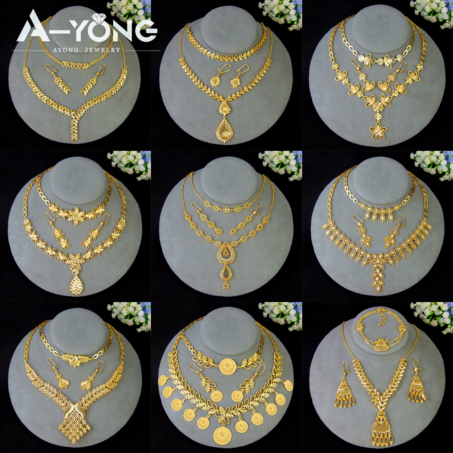 Luxury Dubai Wedding Jewelry Set 21k Gold Plated Arab Bridal Gold Necklace Bracelet Earrings Brazilian Women Vintage Jewelrys - 2