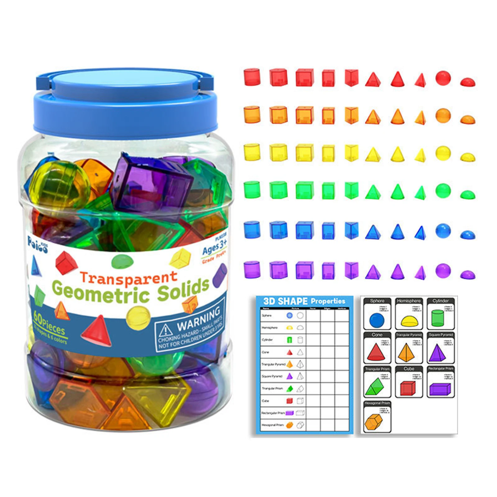 

60 Pieces Geometric Solids Translucent Color Building Blocks Patterns Color Sensory Shape Blocks Montessori for Games Home