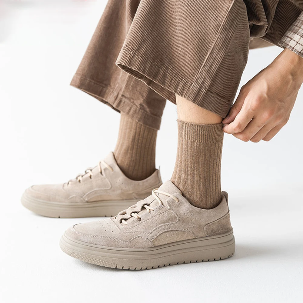 Men Cotton Socks 5Pairs Casual Harajuku Solid Color Comfortable Business Stripe Fun Socks Soft Simple Fashions Sports Sox Gift