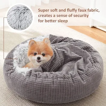 Small Dog Bed with Blanket Attached, Round Calming Hooded Cozy Cave Dog Beds for Small Dogs, Soft Plush Cuddler Puppy Pet Bed 5