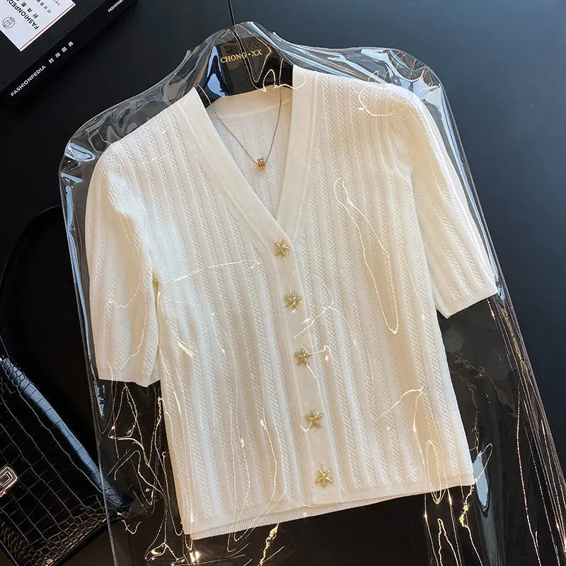 

022 New Summer French High-End Ice Silk Knitted Cardigan Thin Section Starfish Button V-Neck Top Short Jacket Ladies Solid Color