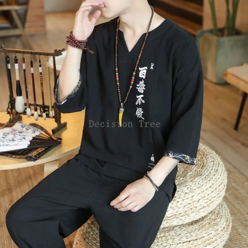 Cotton T-shirt Martial Arts Uniforms Men V-neck Kungfu Top Chinese Style Embroidery Patchwork