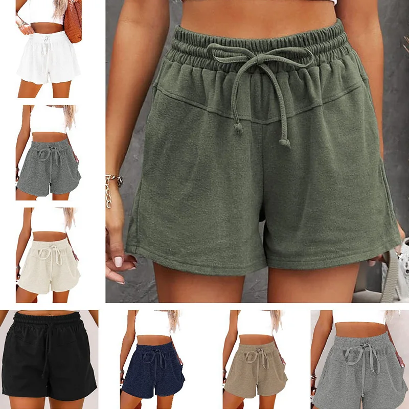 Women Bandage Sports Shorts Drawstring Patchwork Pockets 2023 New Thin Summer Casual Solid Color Straight Five-point Pants