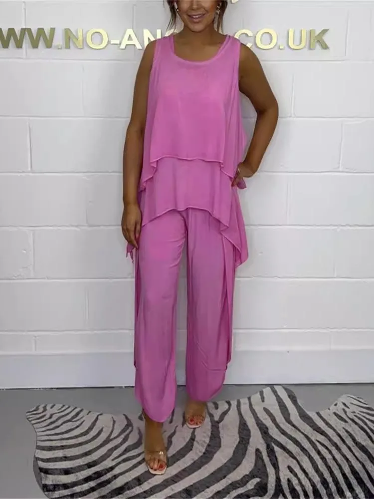 Solid Color Pants Sets Women Fashion Casual Irregular Sleeveless Two-piece T-shirt Wide Legs Trousers Three Piece Set Female New